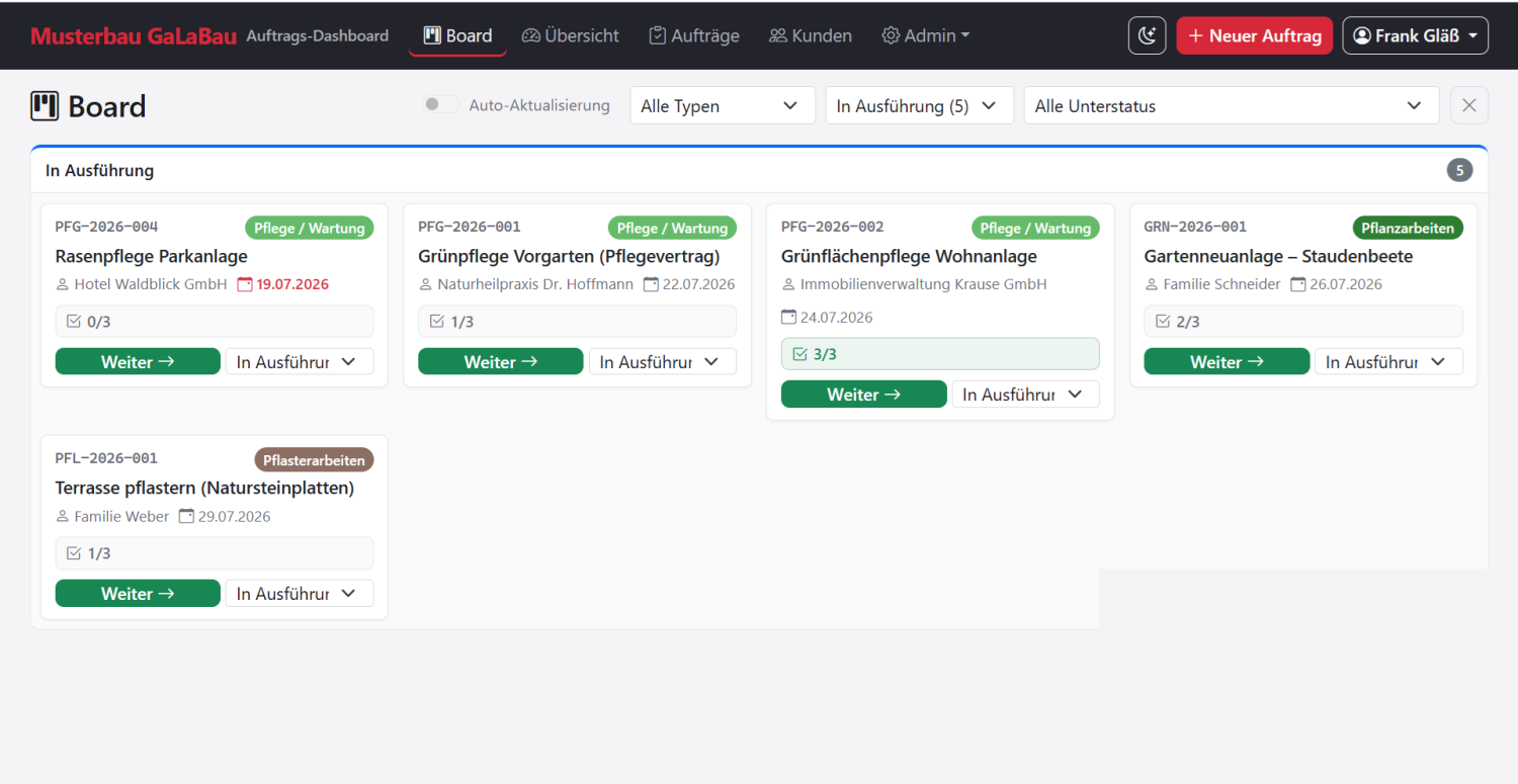 Bildschirmansicht des VLYX-Auftragsmanagers: Kanban-Board mit Auftragskarten, Status-Spalten, Pflicht-Checklisten und Filtern.