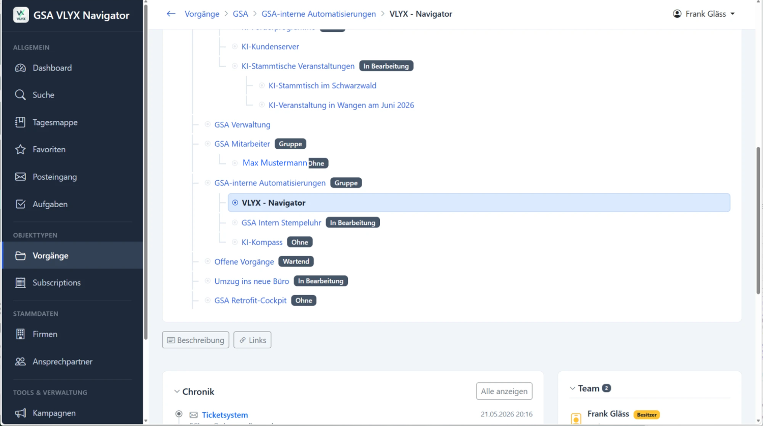 Bildschirmansicht des VLYX-Navigators: alle Informationen zu einem Vorgang an einem Ort.