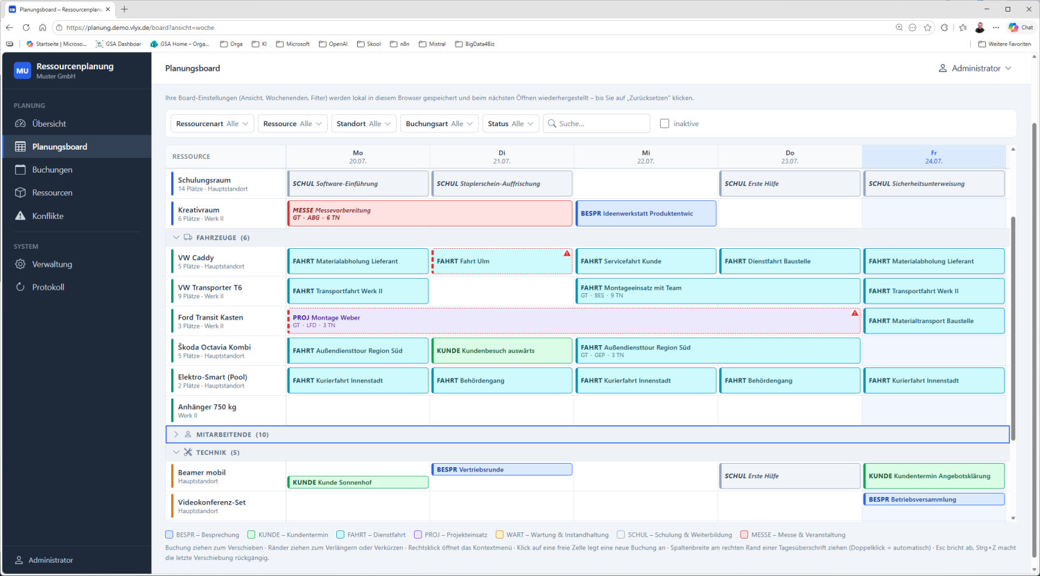 Bildschirmansicht des VLYX-Ressourcen-Managers: Planungsboard mit Ressourcen als Zeilen, Kalendertagen als Spalten und farbigen Belegungsbalken.