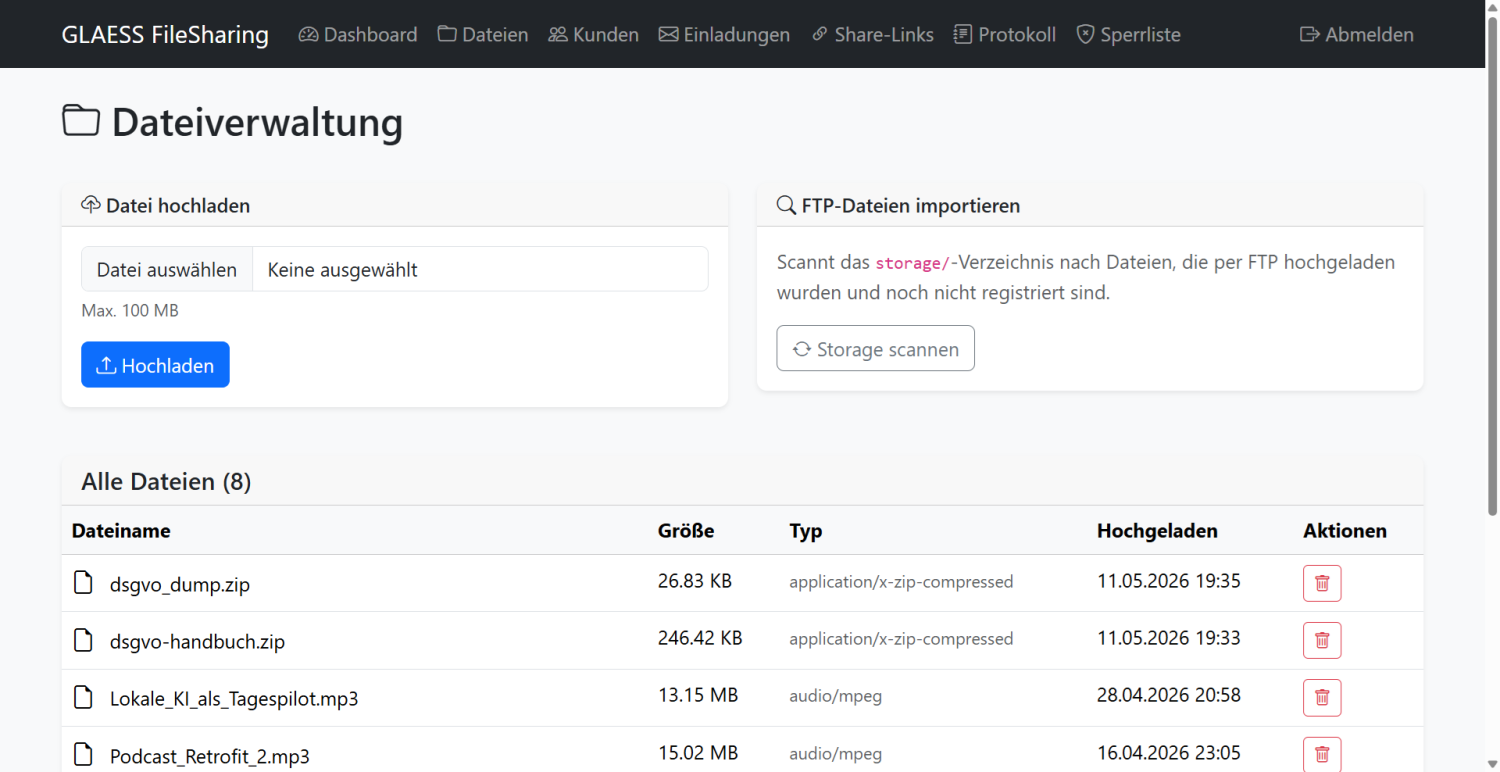 Bildschirmansicht des VLYX-FileSharing: Dateiverwaltung mit Upload, FTP-Import und Dateiliste – Teil des sicheren Austauschportals.
